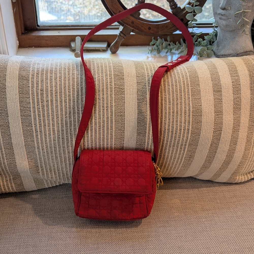 Dior Rare Red Lady Quilted Cannage Vintage Nylon Cloth Crossbody Bag